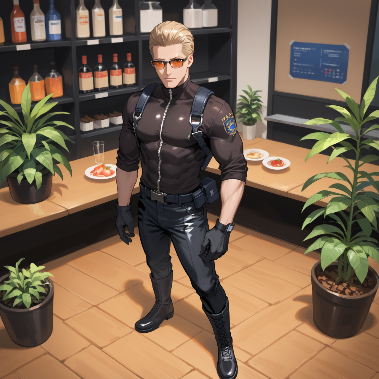 PonyScores7, source_anime, ah1, best quality, (masterpiece:1.4), (high quality:1.4), sharp focus, 4k, absurd resolution, <lora:albertwesker-guy-PONYv1:0.8> albertwesker, albert wesker, 1boy, solo, blonde, black gloves, sunglasses, belt, pants, black coat, black pants, looking at viewer, toned, athletic, fit, slicked back hair, black turtleneck, zipper, mature male, (graphene textured clothes), black boots, (space botanist, a dedicated researcher with a plant scanner and a greenhouse studying alien plants with curiosity and a love for nature), (Japanese Restaurant), bad-hands-5, ((enchanting expression)), <lora:xl_more_art-full_v1:0.2>, <lora:shinyskin2:0.2> glistening skin, <lora:aesthetic_anime_v1s:0.2>, <lora:Expressive_H:0.2> Expressiveh, <lora:hairdetailpxl:0.2> hairdetailpxl, <lora:detailxl:0.2> detailxl, (High Angle (from behind) view Extreme Close shot (focus on legs)), (Dark brown uniform with a zip-up shirt, skirt, police cap, matte black boots, carrying a taser), (focused, intense glare), slit pupils, short hair, (reddish orange eyes), best quality, amazing quality, best aesthetic, absurdres, <lora:expressive eyes:0.2> expressive eyes, <lora:eyedetailpxl:0.2> eyedetailpxl, illustration, Volumetric_Lighting, ultra-detailed, very aesthetic, intricate details, 8k, masterpiece, best_quality, (angular face, sharp_featured face),