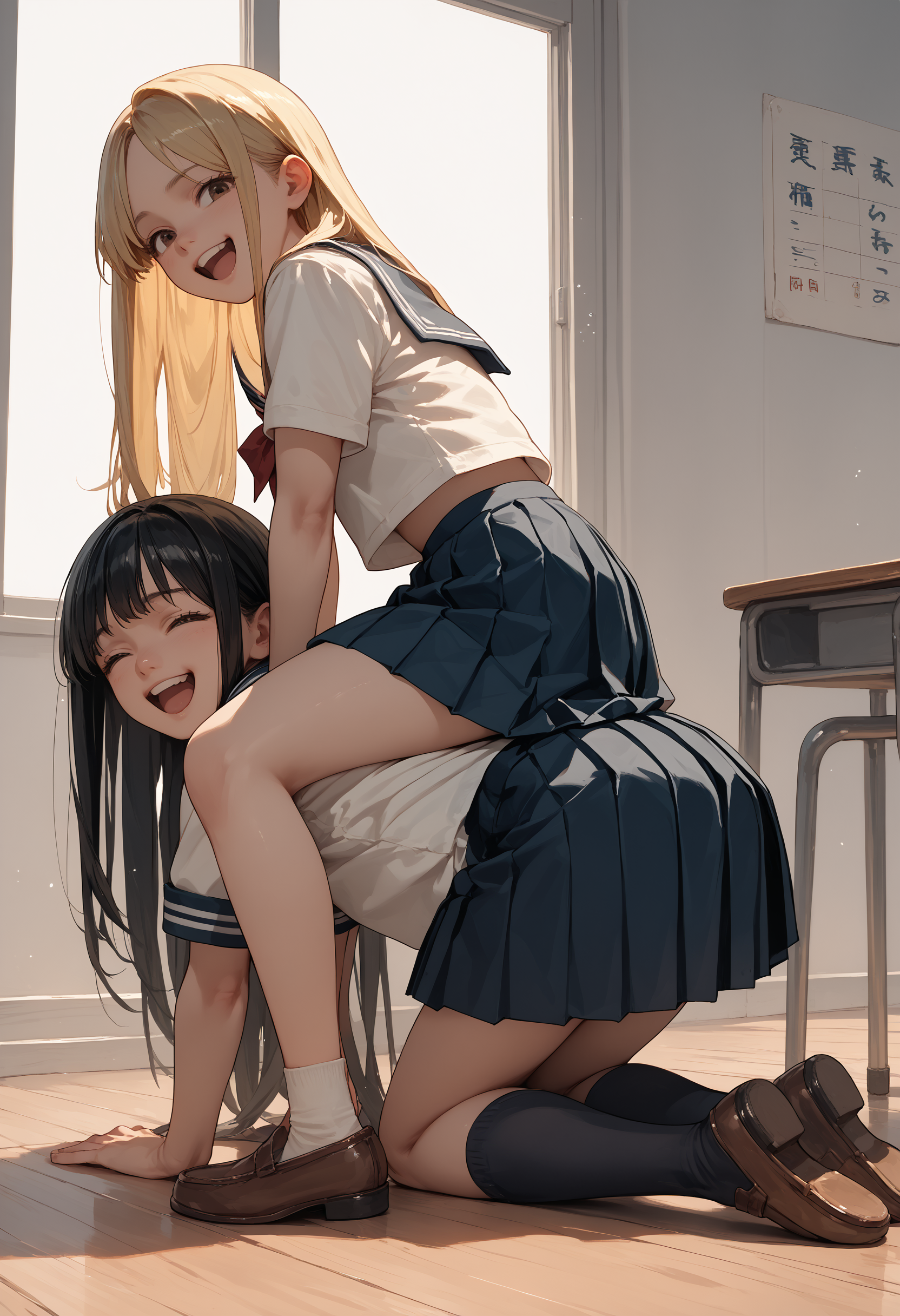score_9,  score_8_up, score_7_up, score_6_up, source_anime,
2girls, long hair, blonde hair, school uniform,pleated skirt, serafuku, 
sitting on person,looking back, laughing, 
all fours, black hair, brown footwear, 
<lora:sitting_on_person_v0.1-pony:1>