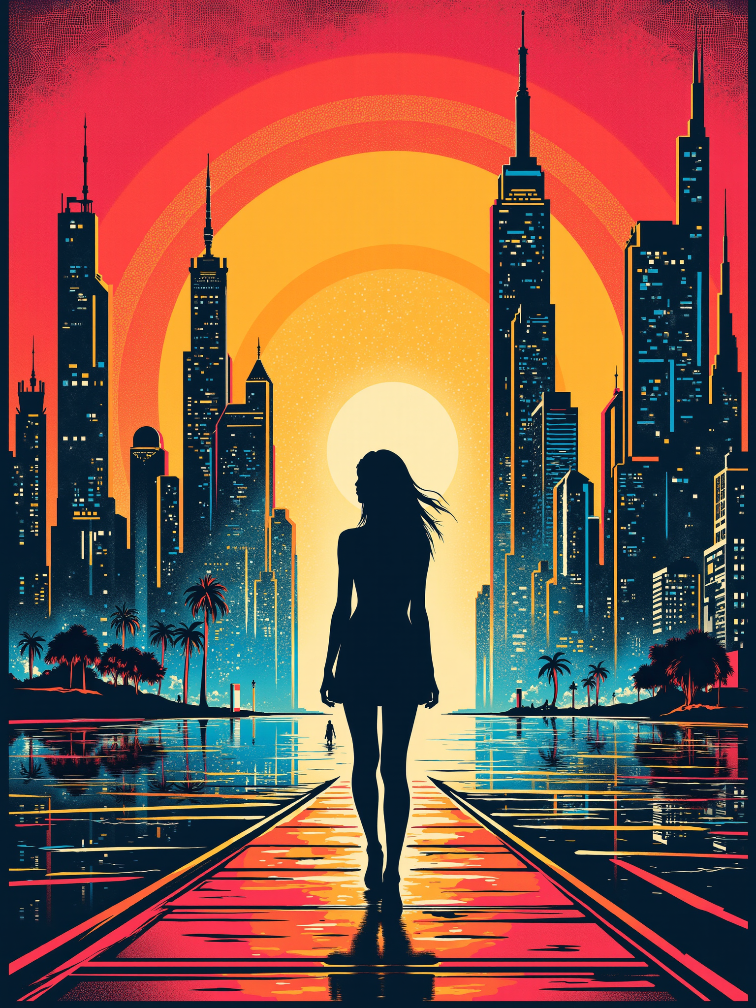 woman standing in a futuristic cityscape, colored panels, flat colors,  mad-stncl <lora:Stencil_Art_FLUX:0.5>, (masterpiece:1.2), best quality