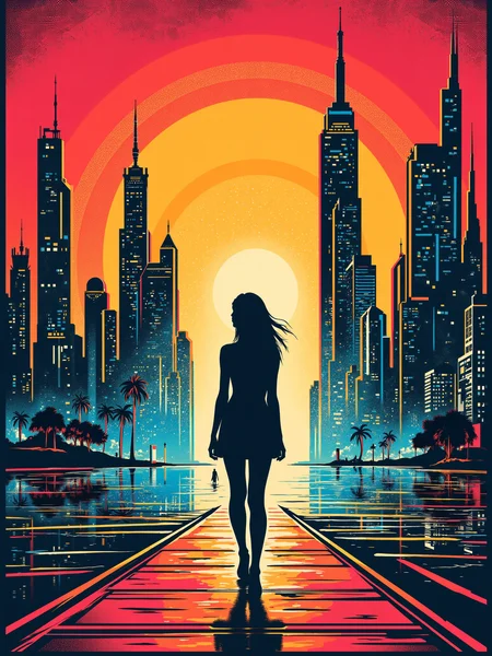 woman standing in a futuristic cityscape, colored panels, flat colors, mad-stncl <lora:Stencil_Art_FLUX:0.5>, (masterpiece:1.2), best quality