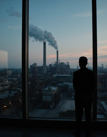 sharply dressed man stands confidently near a floor-to-ceiling window, his tailored suit accentuating his commanding presence. With his hands clasped firmly behind his back, he gazes intently at the sprawling industrial complex stretching out beneath him. Outside, the early evening light casts a dramatic glow across the landscape, illuminating the towering smokestacks that punctuate the horizon like giants, exhaling plumes of thick, dark smoke that swirl lazily into the dusky sky. The metallic structures of the factory glisten with a steely sheen, reflecting the fading sunlight and contrasting sharply against the deepening blue of the evening. In the background, the hum of machinery and the distant clatter of workers echo softly, filling the air with a sense of industrious energy. The scent of burning oil and heat mixes with the cool breeze filtering through the open window, creating a tactile sensation that is both invigorating and slightly oppressive. The manâs expression is enigmaticâa blend of resolve and contemplationâas he considers the vastness of the industrial world below, pondering his next move amidst the cacophony of human endeavor, his sharp gaze fixed on the horizon where ambition meets opportunity. The scene is tinged with an air of anticipation, each moment waiting to unfold with the possibilities that lie just out of sight.
 <lora:Phlux:0.5>  <lora:CinematicStyleFlux_v1:1>