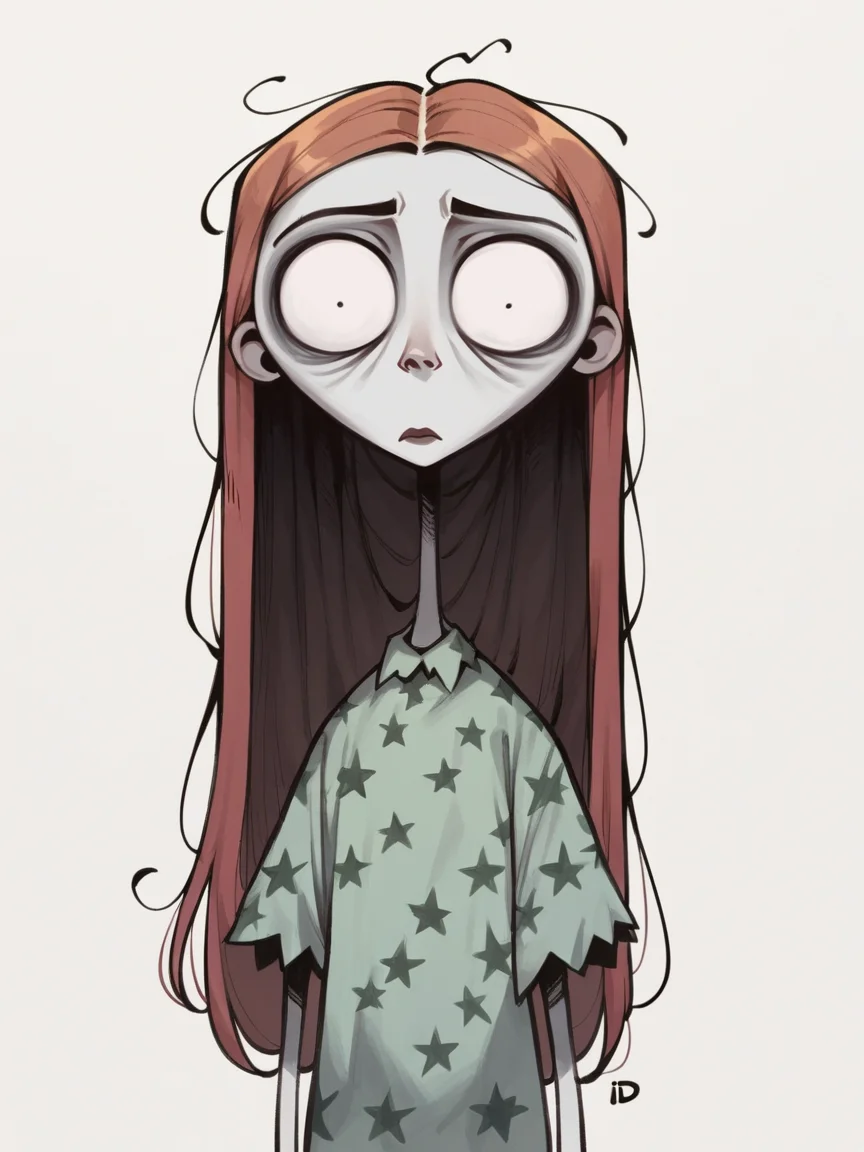 score_9, score_8_up, score_7_up, score_6_up, score_5_up, <lora:TimBurtonXLP:1> tim burton,, horror (theme), wide-eyed, 1girl, long hair