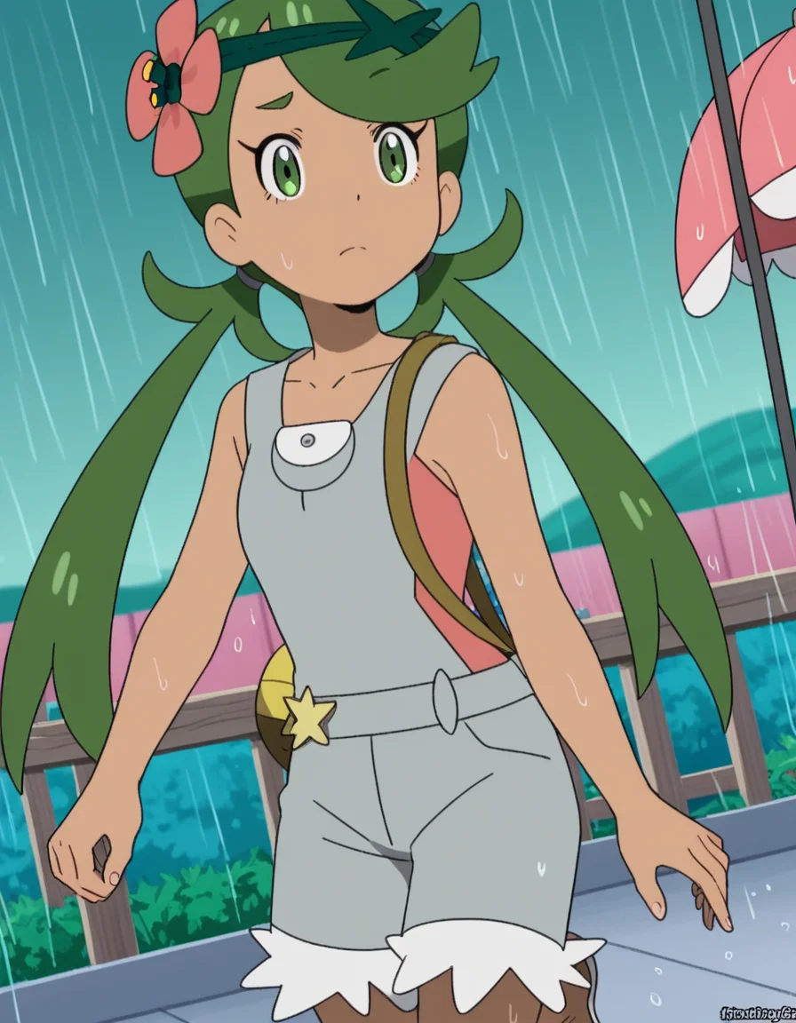 score_9, score_8_up, score_7_up, source_anime, <lora:pokemon-mallow-anime-ponyxl-lora-nochekaiser:1>, mallow, long hair, bangs, hair ornament, twintails, green eyes, flower, green hair, hair flower, dark skin, dark-skinned female, swept bangs, mallow (pokemon), collarbone, sleeveless, pink shirt, overalls,, rainy day, umbrella, walking home, puddles, wet hair, , looking at viewer, knee up, elbow bent, foot on tiptoe, solo,, cowboy shot, dutch angle