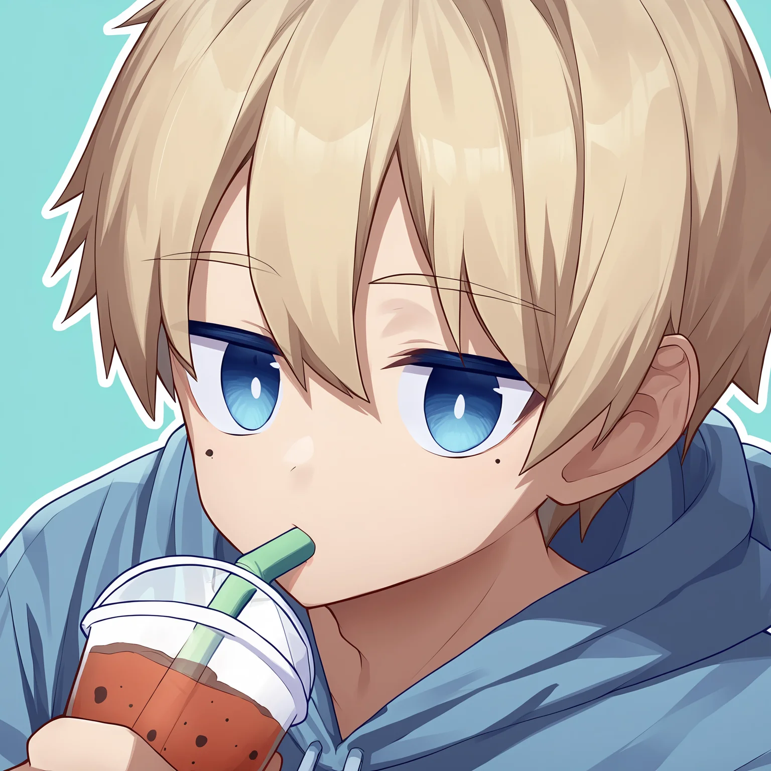 score_9, score_8_up, score_7_up, score_6_up, source_anime, aqua background, white outline, 1boy, solo, blonde hair, blue eyes, blue hoodie, drinking boba, mole under eye <lora:rukiruki_AMXL_v1e-ShoAI:1>