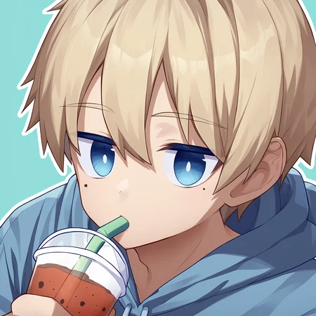 score_9, score_8_up, score_7_up, score_6_up, source_anime, aqua background, white outline, 1boy, solo, blonde hair, blue eyes, blue hoodie, drinking boba, mole under eye <lora:rukiruki_AMXL_v1e-ShoAI:1>