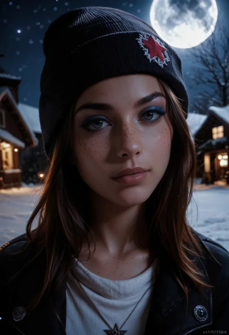 score_9, score_8_up, score_7_up, photorealistic, raw photo, masterpiece, 1girl, winter, wearing beanie, night, moonlight, moon, stars, closeup, detailed skin, freckles, eyeshadow, mascara, beautiful female