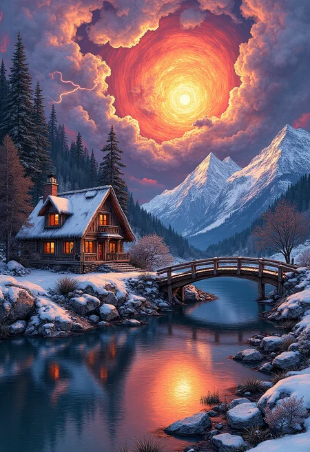 yfg-durer, Digital illustration style, rustic cottage beside a reflective river under a dramatic sky, intense fiery sun with swirling clouds and lightning, snow-capped mountains and pine trees in the background, vivid reflection on the calm water, wooden bridge leading to the house, dark and light with intricate textures and vibrant colors. The scene should include a rich variety of elements, each contributing to the overall atmosphere. Lighting should be soft, diffused, and natural, enhancing the depth and realism of the scene. The mood is to be calm yet vibrant, creating a sense of serenity and wonder. Every detail in the scene should be meticulously rendered, emphasizing the contrast between light and shadow, and capturing the fine textures and subtle gradients. The color palette should be carefully chosen to evoke emotion, with each hue enhancing the aesthetic appeal of the overall composition. The final image should be immersive and captivating, drawing the viewer into its intricately detailed world.