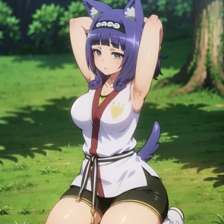 beautiful, masterpiece, best quality, extremely detailed face, perfect lighting, 1girl, solo, <lora:HitamuKyan:0.95>, hitamukyan, hairband, shirt, bike shorts, black belt, kneeling, arms up, armpits