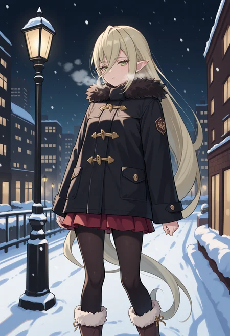 masterpiece, best quality, 1girl, solo, M4gil0u, green eyes, pointy ears, blonde hair, very long hair, hair between eyes, winter clothes, black coat, fur-trimmed coat, skirt, black pantyhose, brown boots, fur-trimmed boots, outdoors, winter, visible breath, cold, snow, city, dark theme, night, lamppost, <lora:ChamMagilouIllustriousXL:1>