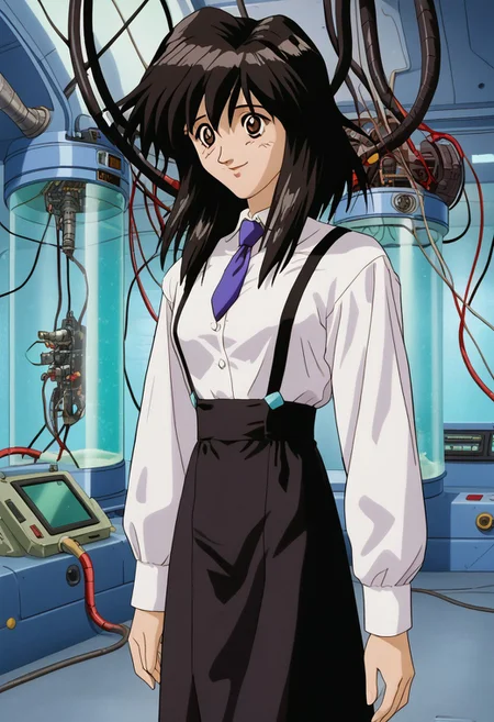 masterpiece, best quality, amazing quality, intricate details, solo, melfina, black hair, brown eyes, medium hair, retro artstyle, 1990s (style), white long sleeve shirt, necktie, black skirt, suspenders, shy smile, science fiction, cables, stasis tank, spacecraft, interior, in container,
