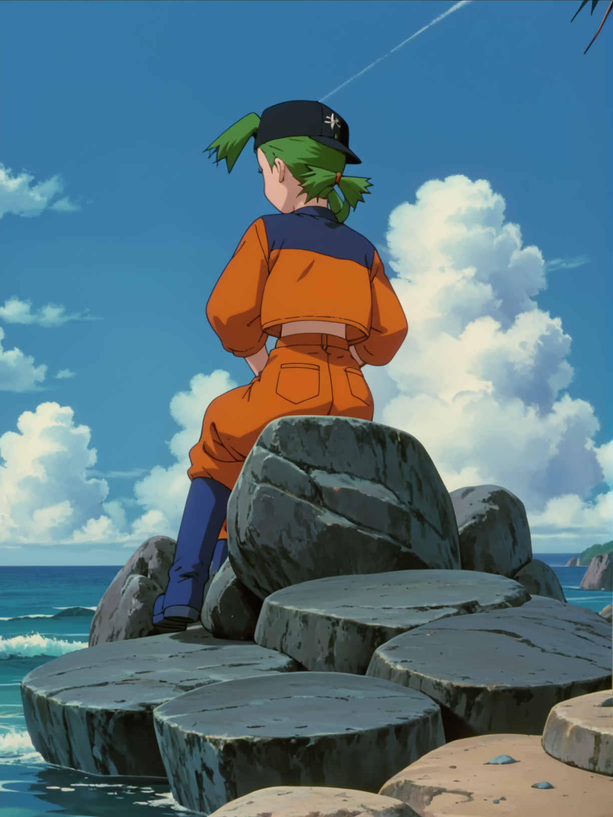 score_9, score_8_up, score_7_up, 1girl, solo, source_anime, anime_screencap, pkmMaren, green hair, orange pants, blue boots, <lora:pkmMaren:1>  sitting on a rock, by the sea, rocks, from behind, looking away,