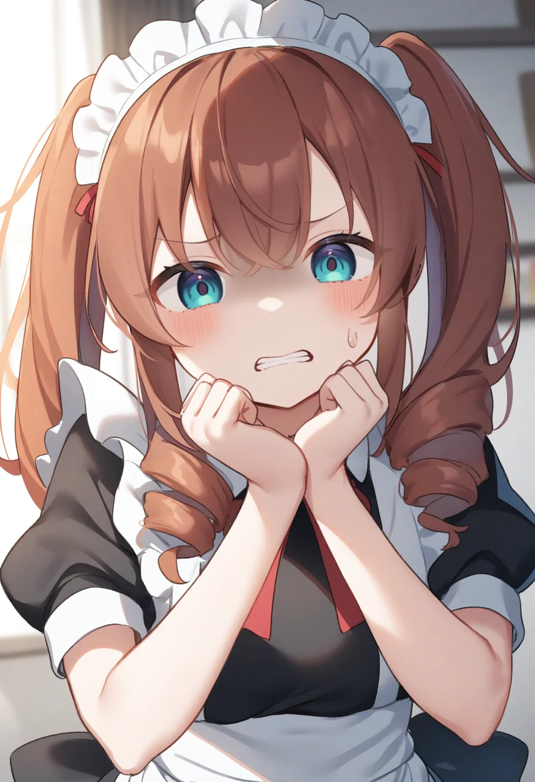 1girl,sincos, ningen mame, toosaka asagi,solo,medium breasts,20yo,maid,maid headdress,
donbiki,<lora:donbiki_XL_v1:0.7>
sweatdrop, looking at viewer, shaded face, turn pale, jitome, disgust, gloom (expression), d:, frown, empty eyes, no pupils, clenched teeth, hands up,
dutch angle, panorama shot, orange hair, silver eyes, cityspace, drill hair,,
best quality, very aesthetic, absurdres