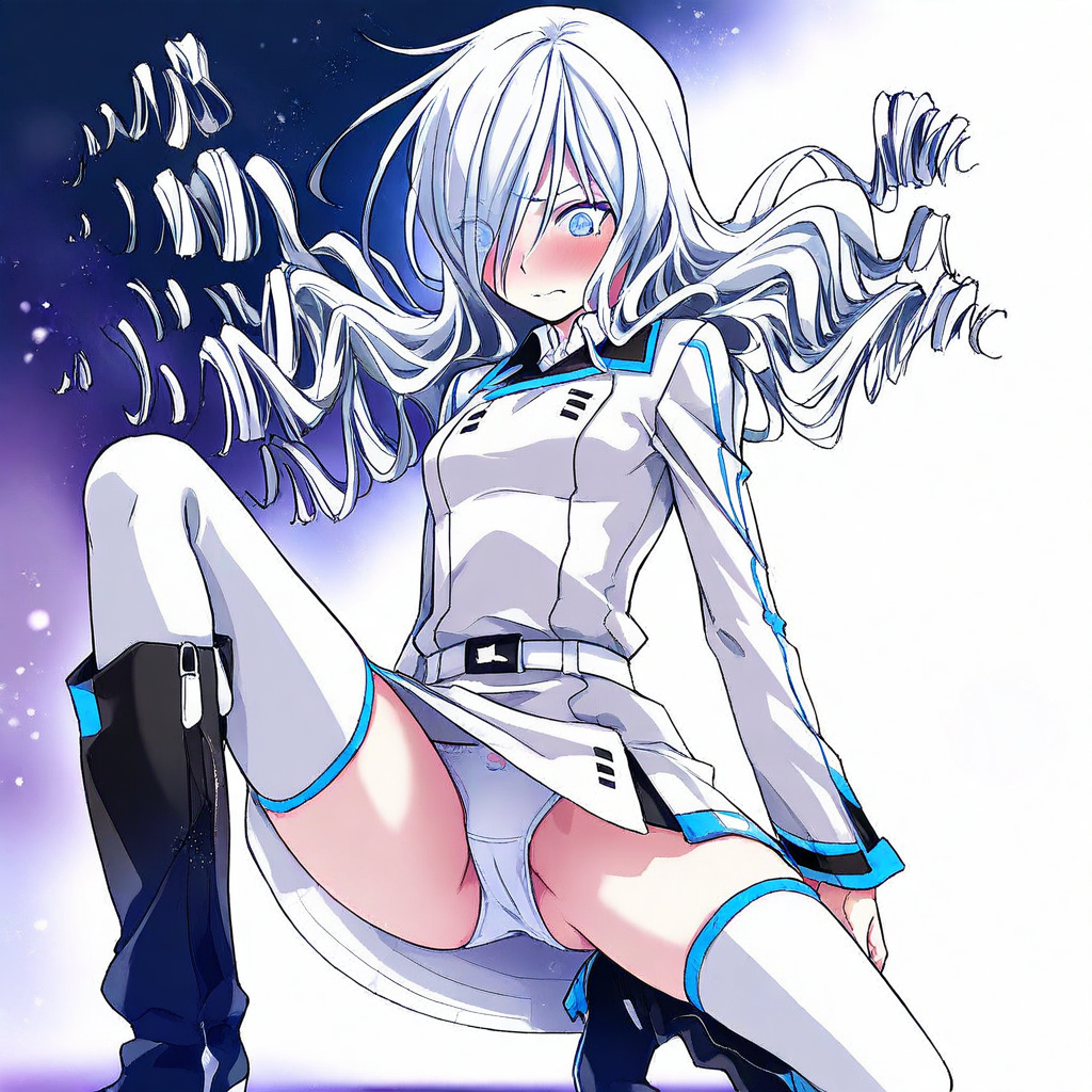 masterpiece, best quality, amazing quality, highres, absurdres, high resolution, ultra detailed, perfect details, aesthetic, ultra-detailed, high quality, newest, scenery, extreme detail, 8k, light particles, soft lighting, volumetric lighting, intricate details, finely detailed, detailed eyes, 1girl, solo, ENT_Girl, white hair, blue eyes, medium hair, curly hair, hair over one eyes, ENT_dress, notched collar with blue trim, white ENT_uniform with blue trim, long sleeves, white belt, short dress, short skirt with blue trim, white thighhighs with blue trim, tall boots, black leather boots, upskirt, pantyshot, panties, white panties, crotch seam, kneeling, on one knee, blushing, embarrassed, knee up, legs apart