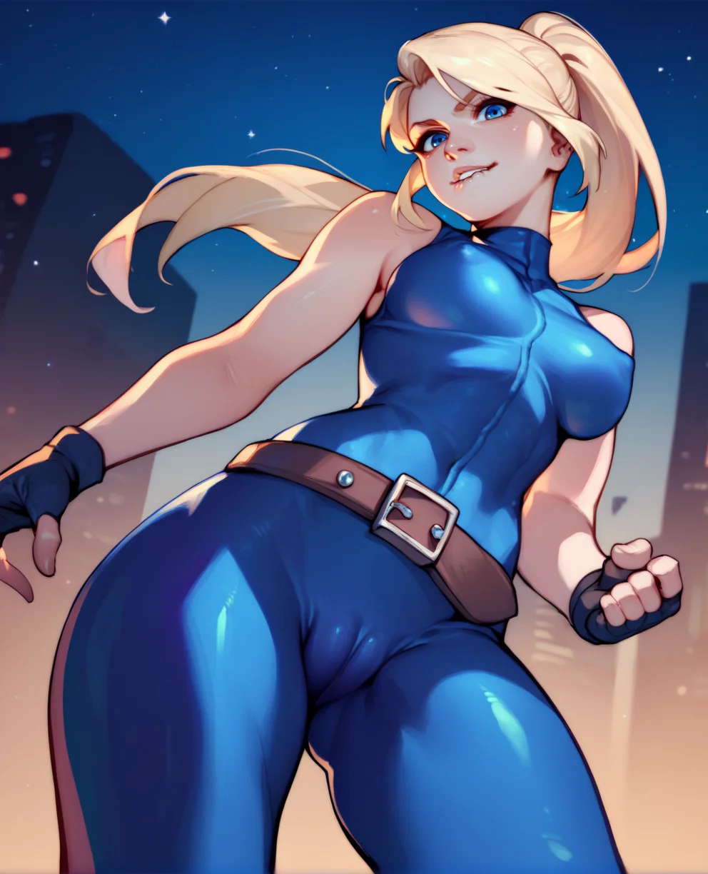 score_9,score_8_up,score_7_up,score_6_up,
sarahxl,blue eyes,blonde hair,ponytail,
blue bodysuit,belt,sleeveless,fingerless gloves,
looking at viewer,covered nipples,cameltoe,standing,from below,skin tight,biting own lip,
night sky,stars,city,
<lora:SarahBXL:0.9>,
