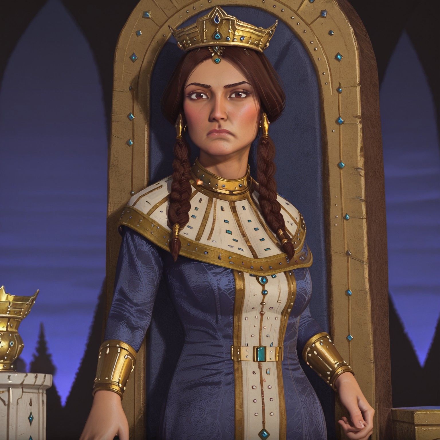 1girl, solo, tamar, blue and white dress, gold trim, gold jewelry, gold crown, brown hair, brown eyes, braid, twintails, dark-skinned female, frown, dismissing viewer, castle throne room