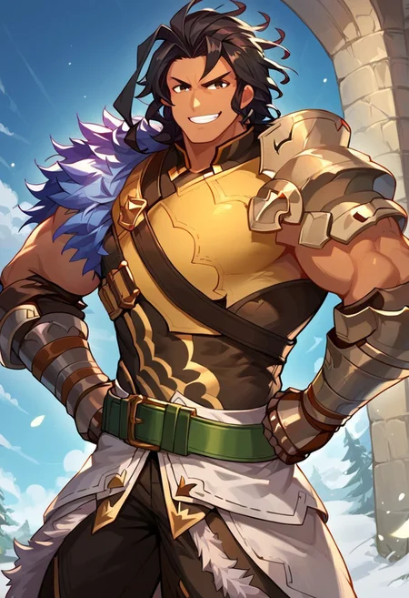 score_9, score_8_up, score_7_up, source_anime, extreme detail description, looking at viewer, 1boy, solo, Ranzal_dl, black hair, black eyes, dark skinned male, muscular male, shoulder pad, gauntlets, armor, leg armor, green belt, waist up, smile, grin, closed mouth, outside, sunny, blue skies, hands on hips, expressiveh