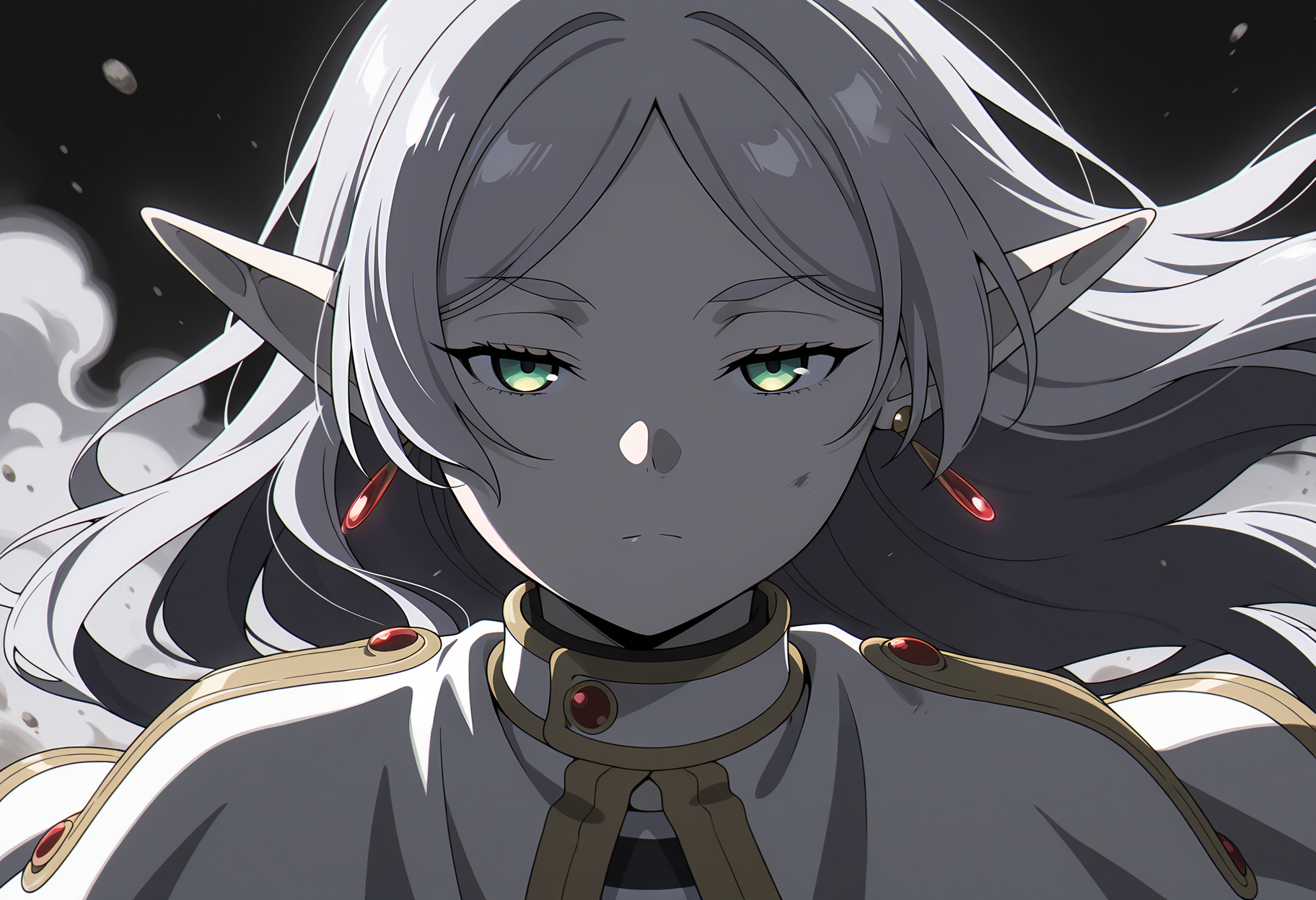anime screencap, masterpiece, best quality,
<lora:SousouNoFrieren_Frieren_IlluXL:0.9>,
1girl, solo, closed mouth, serious, floating hair, half-closed eyes,
grey hair, long hair, green eyes, parted bangs, earrings, pointy ears,
FrierenCasual, striped shirt, white capelet, long sleeves,
looking at the viewer, portrait, three quarter view, greyscale,
black theme, dark, dust, night, dust cloud, black background, backlighting, shade
