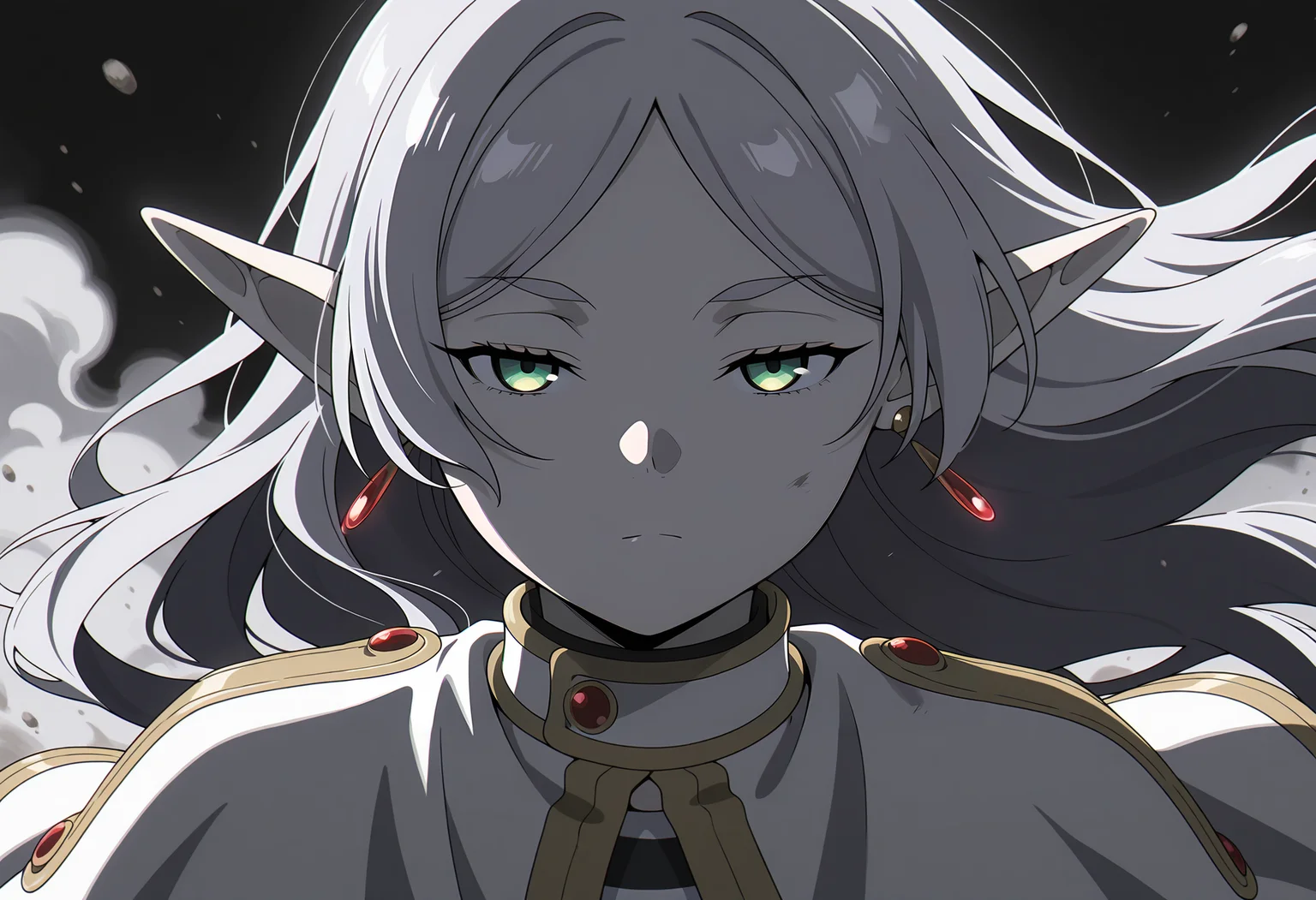 anime screencap, masterpiece, best quality,
<lora:SousouNoFrieren_Frieren_IlluXL:0.9>,
1girl, solo, closed mouth, serious, floating hair, half-closed eyes,
grey hair, long hair, green eyes, parted bangs, earrings, pointy ears,
FrierenCasual, striped shirt, white capelet, long sleeves,
looking at the viewer, portrait, three quarter view, greyscale,
black theme, dark, dust, night, dust cloud, black background, backlighting, shade