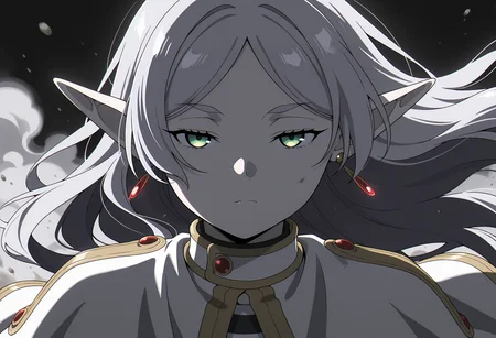 anime screencap, masterpiece, best quality,
<lora:SousouNoFrieren_Frieren_IlluXL:0.9>,
1girl, solo, closed mouth, serious, floating hair, half-closed eyes,
grey hair, long hair, green eyes, parted bangs, earrings, pointy ears,
FrierenCasual, striped shirt, white capelet, long sleeves,
looking at the viewer, portrait, three quarter view, greyscale,
black theme, dark, dust, night, dust cloud, black background, backlighting, shade