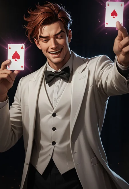 Dsk_Remy_Lebeau, 1boy, arm up, auburn hair, black bow, black bowtie, black sclera, bow, bowtie, closed eyes, colored sclera, facial hair, formal, jacket, male focus, open mouth, red eyes, shirt, smile, solo, suit, thick eyebrows, upper body, white jacket, white shirt, white suit, holding, holding cards, magic, energy cards, studio photography, detailed eyes, detailed skin, textured skin, specular highlights, sidelighting, extreme light and shadow, cinematic lighting, cinematic angle, score_9, score_8_up, score_7_up, score_6_up, score_5_up, score_4_up,