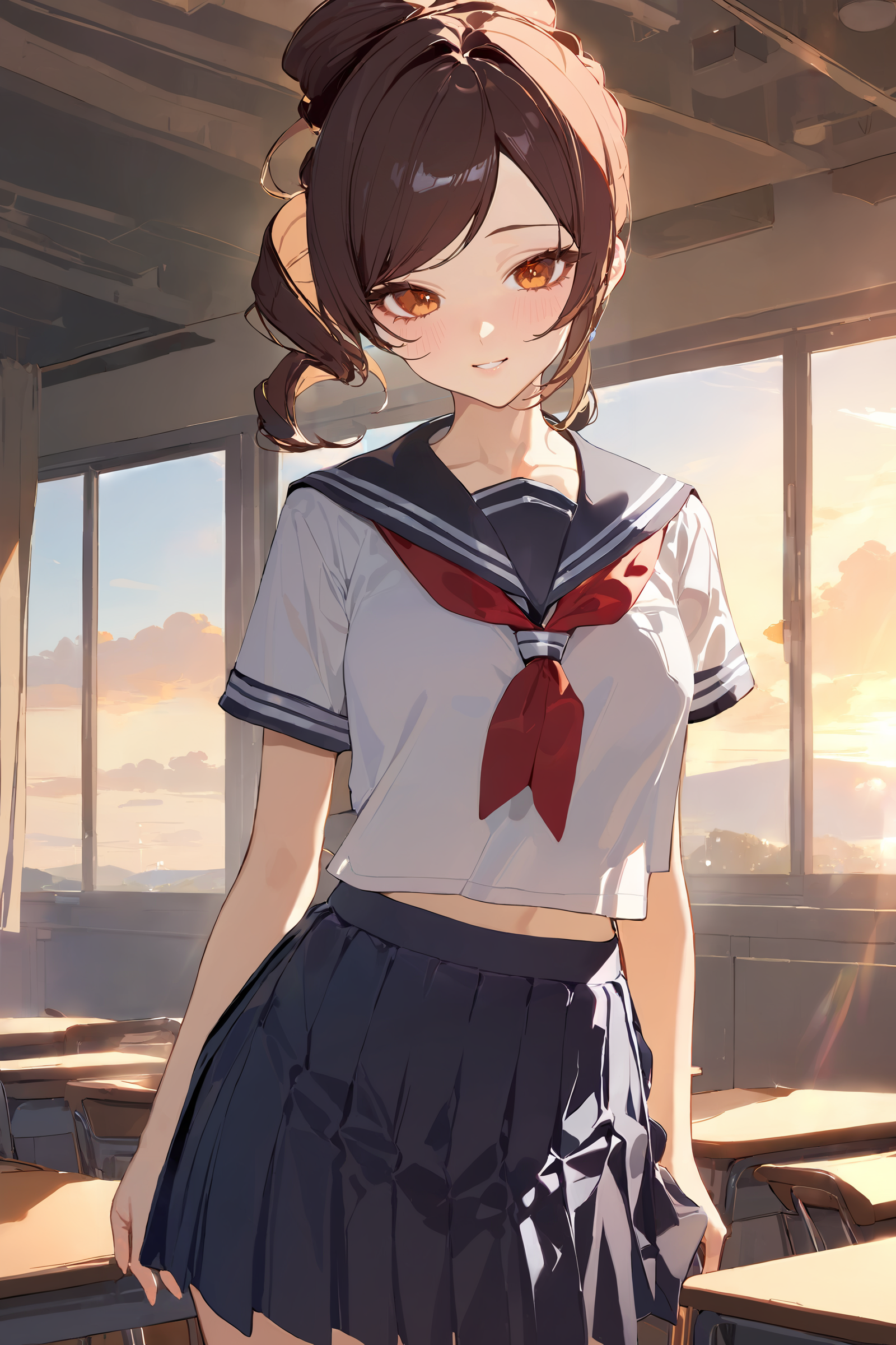 masterpiece, best quality, perfect features, intricate details, ray tracing, newest,(hitenkei, askzy:0.4), 1girl, chiori \(genshin impact\), school uniform, serafuku, cowboy shot, sunbeam, sunset, classroom, indoors, window, light smile, blush, looking at viewer, depth of field <lora:Char-Genshin-Chiori-XL-V1:0.9>  <lora:EnvyBetterHiresFixXL01:0:hr=1>