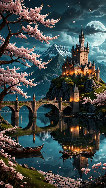 detailed background, witchy aesthetic, realistic, outdoors, sky, night, cloud, water, tree, petals, no humans, bird, grass, cherry blossoms, building, scenery, mountain, city, fantasy, road, watercraft, bridge, river, castle, tower, boat, landscape, mountainous horizon, lake, dock depth of field, masterpiece, best quality, ultra-detailed, very aesthetic, perfect composition, intricate details, absurdres, moody lighting, UHD