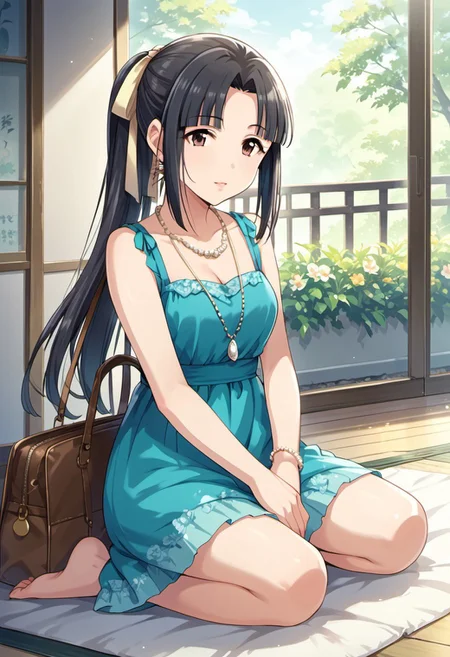score_9, score_8_up, score_7_up, source_anime, mizuno midori, black hair, long hair, ponytail, brown eyes, 1girl, solo, barefoot, seiza, jewelry, dress, sitting, bag, necklace, hair ribbon