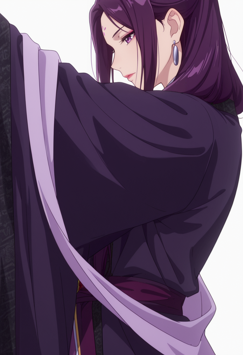 Smooth Quality,masterpiece,very intricate, high quality details, ultra realistic, high detailed skin,detailed enviorement,absurdres,
simple background, white background,solo,
from side,sad,dancing, 
 <lora:Ah-Duo_CNR:0.8> ha_duo_cnr, 1girl, purple hair, long hair, purple eyes, forehead mark, single hair bun,hanfu, chinese clothes,kimono, robe, sash, shawl, long sleeves, wide sleeves,earrings,makeup, lipstick