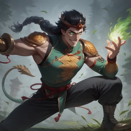 score_9, score_8_up, score_7_up, BREAK source_anime, source_cartoon, 1boy, happy, wide smile, ((expressive)), (((((chinese fighting pose)))), thin chin, solo, detailed face, detailed eyes, (Green eyes), white skin, black hair tied up, man with hair tied up, ((long hair)) (headpiece fledged with gallant pheasant tails), very muscular man, muscular chest, broad shoulders, Chinese combat attire, green Chinese clothing, golden sleeves, (((golden scale pattern))), loose black pants, red rope belt 
BREAK
(((green fire in hands))), (flaming gauntlets in hands), green flaming eyes),
outside, grass, trees, flying leafs