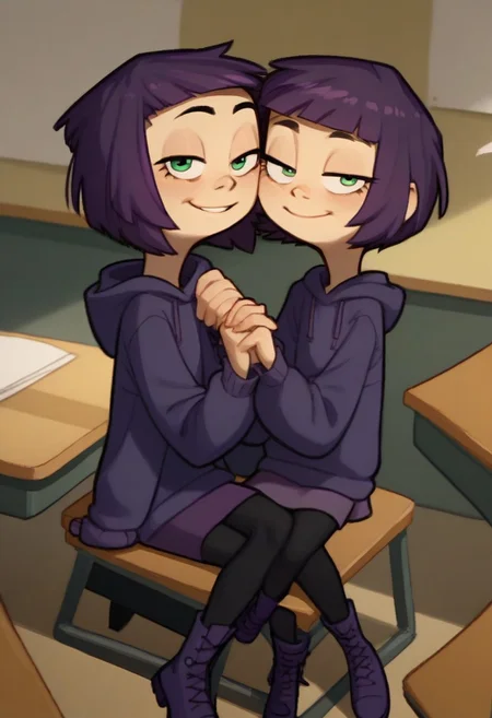 score_9, score_8_up, score_7_up, score_6_up, score_5_up, score_4_up, 2 girls in image, sitting on desks, smiling, looking at viewer, arms around each other, friends, 
BREAK, 
1 girl, square head, green eyes, squinch, round eyes, long hair, dark blue hair, dark blue dress sweater, black leggings, small black boots, 
BREAK
1 girl, short hair, purple hair, long eyelashes, purple hoodie, purple skirt, purple shoes, , hood up