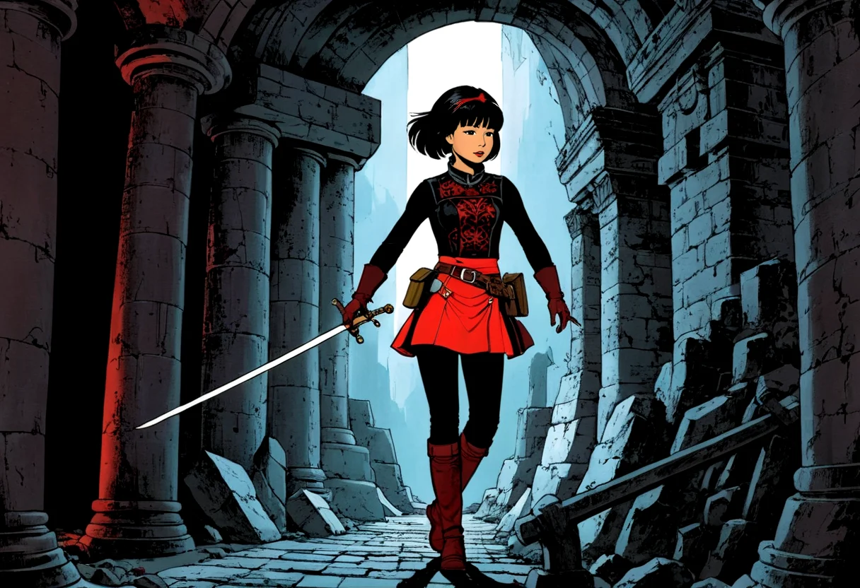 (best quality, masterpiece, absurdres, highres, ultra_detailed, dynamic angle:1.2), Yoko Tsuno <lora:yoko_tsuno-xl-v2-000014:0.7>, 1girl, black eyes, black short hair, short red skirt, black pants, red tall boots, holding a medieval sword, in an underground crypt, ((oversized, gigantic) organ:1.4), solo, alone, side view, traditional media, 1990s \(style\), retro artstyle, graphic novels illustration, (intricate details, hyperdetailed:1.15), (ultrahigh resolution textures), contrapposto, panoramic, (volumetric, cinematic) lighting