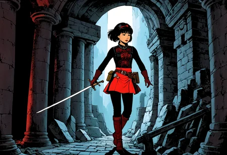 (best quality, masterpiece, absurdres, highres, ultra_detailed, dynamic angle:1.2), Yoko Tsuno <lora:yoko_tsuno-xl-v2-000014:0.7>, 1girl, black eyes, black short hair, short red skirt, black pants, red tall boots, holding a medieval sword, in an underground crypt, ((oversized, gigantic) organ:1.4), solo, alone, side view, traditional media, 1990s \(style\), retro artstyle, graphic novels illustration, (intricate details, hyperdetailed:1.15), (ultrahigh resolution textures), contrapposto, panoramic, (volumetric, cinematic) lighting