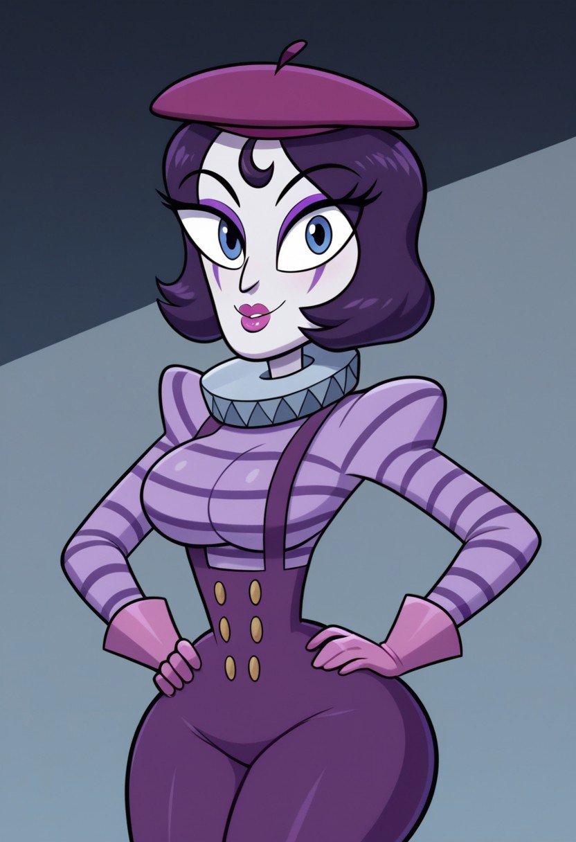 ((bedroom background)),score_9, score_8_up, score_7_up,score_6_up, source_cartoon
1girl, Solo, Mimegirl_Svtfoe, white face paint, pale cream skin, grayish blue eyes, dark purple hair, short bob haircut, purple eyeliner, purple eyeshadow, pink lipstick, purple beret, purple striped lilac shirt with a ruffled collar, pink gloves, purple suspenders with four gold buttons, dark purple knee-high boots, big eyes, big breasts, social smile, narrow waist, huge hips, huge thighs, big ass, big eyes, perfect lips, open eyes, perfect smile, cowboyshot, perfect eyes, perfect face, medium stature, looking at viewer, hands on hips