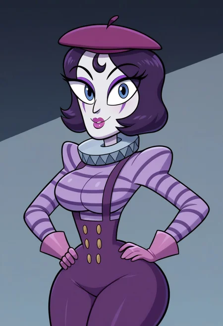 ((bedroom background)),score_9, score_8_up, score_7_up,score_6_up, source_cartoon
1girl, Solo, Mimegirl_Svtfoe, white face paint, pale cream skin, grayish blue eyes, dark purple hair, short bob haircut, purple eyeliner, purple eyeshadow, pink lipstick, purple beret, purple striped lilac shirt with a ruffled collar, pink gloves, purple suspenders with four gold buttons, dark purple knee-high boots, big eyes, big breasts, social smile, narrow waist, huge hips, huge thighs, big ass, big eyes, perfect lips, open eyes, perfect smile, cowboyshot, perfect eyes, perfect face, medium stature, looking at viewer, hands on hips