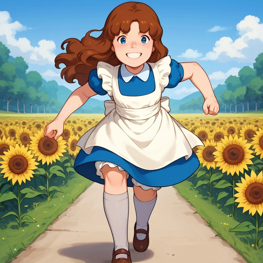 score_9, score_8_up, score_7_up, source_anime, (extremely detailed:1), (masterpiece, best quality, very aesthetic, ultra detailed), intricate details, 4k, beautiful background, ultra-detailed, perfect anatomy, perfect face, perfect hands, perfect fingers, perfect eyes, 1girl, solo, Dorothy, blue eyes, brown hair, long hair, freckles, small breasts, apron, white apron, socks, dress, blue dress, short sleeves, puffy sleeves, bloomers, shoes, smile, full body, running, among the sunflowers, front view,
