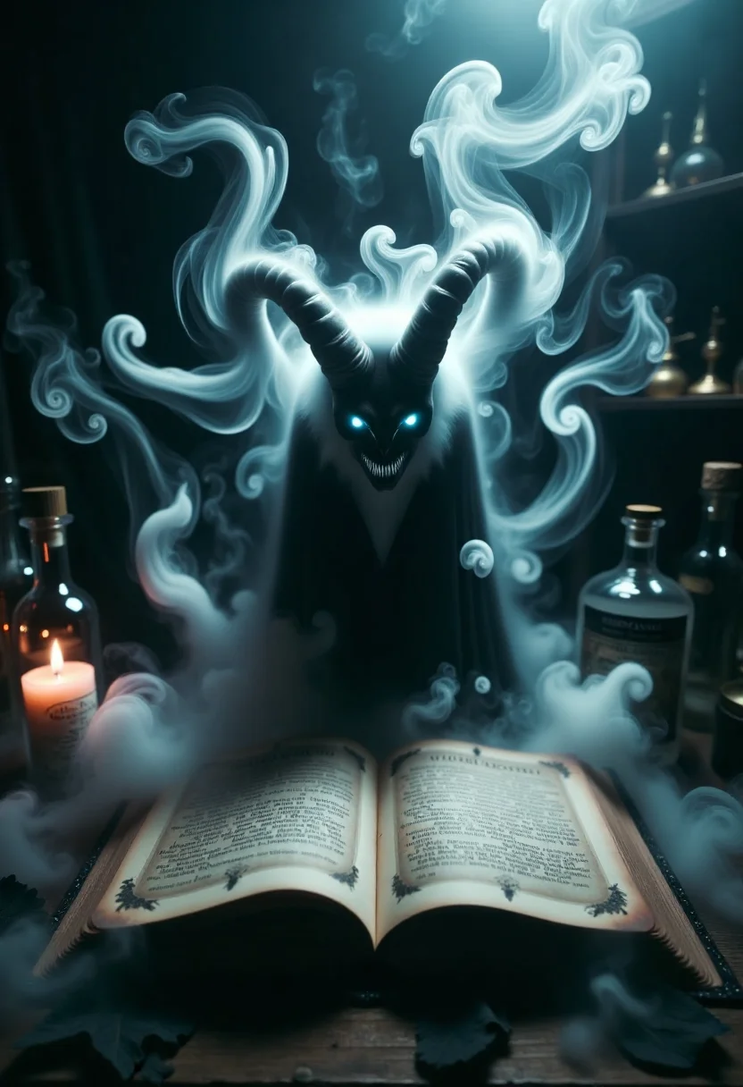 a witch's magical spell book, a demon's form arises from the pages in a spooky fog, glowing eyes, witch's apothecary
