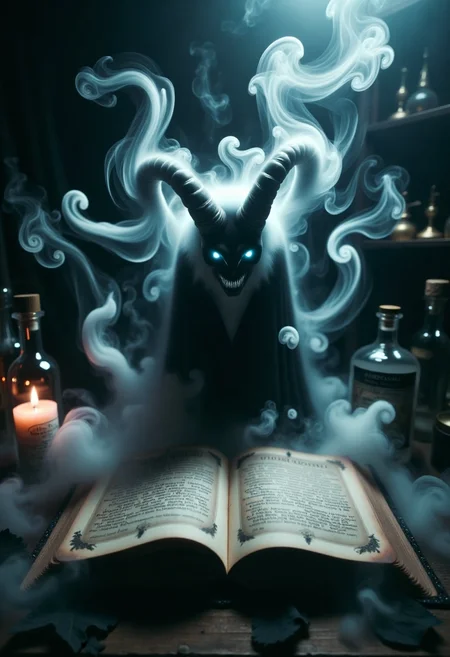 a witch's magical spell book, a demon's form arises from the pages in a spooky fog, glowing eyes, witch's apothecary 