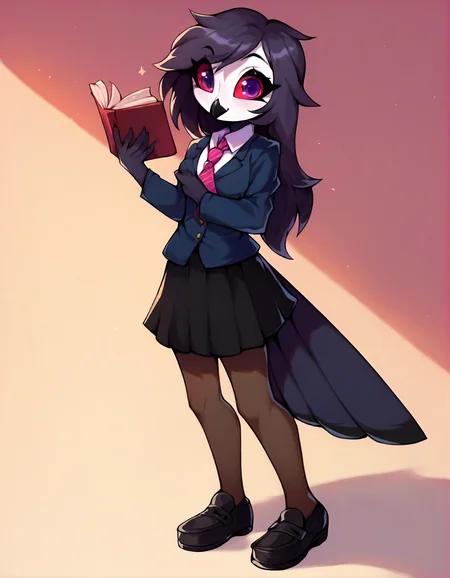 score_9, score_8_up, score_7_up, score_6_up, score_5_up, score_4_up, rating_explicit, source_furry, female, cute anthro female, cute face, (shool uniform, pattered pantyhose, school shoes, skirt, tie:1.2) classroom, detailed background, looking at viewer, forunt view, (wide eyes:1.1), (standing:1.2), solo, solo focus, smile, happy, (holding book, book:1.1), <lora:Octavia_SDXL_epoch_8:1>, octavia, avian bird demon owl owl_demon, beak, red sclera, anthro