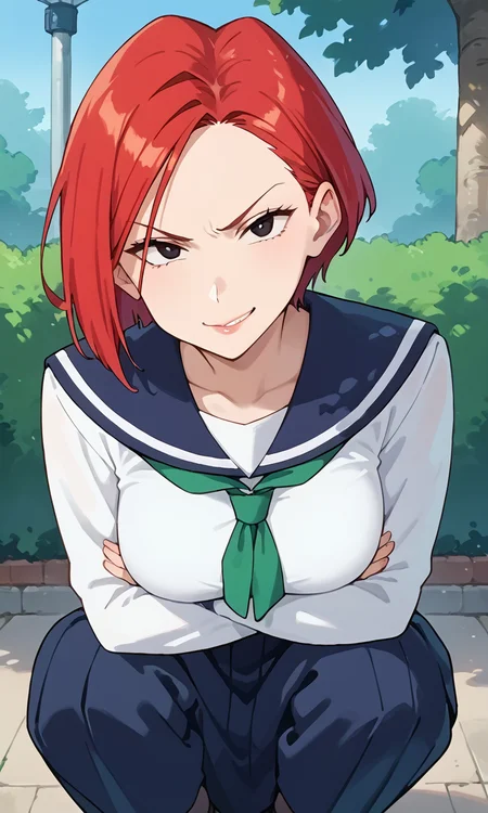 (1girl:1.5), (solo:1.3), (score_9, score_8_up, score_7_up, score_6_up, score_5_up, score_4_up), (source_anime), rating_questionable, looking at viewer, (portrait:1.3), outdoors, park,
<lora:black-lizard_v2:0.8> (black-lizard), (smirk:1.5), (black eyes, eyelashes, red hair, short hair, parted bangs, lips), (school uniform, serafuku, white shirt, long sleeves, blue sailor collar, blue long skirt, green neckerchief), (large breasts),
crossed arms, cross arms in front, under breasts, angry, squatting