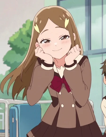 score_9, score_8_up, score_7_up, anime screencap, solo,1girl,kitzunezaki,  smile,brown school uniform, skirt, hair ornament, cowboy shot,blush <lora:kitsunezaki:0.8>