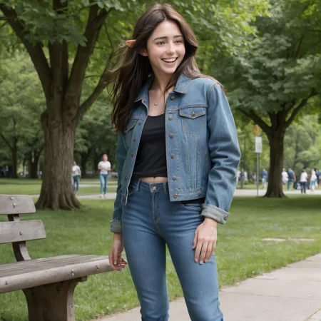 brunette cindyelfxl <lora:cindyelfxl:0.7> large pointed:2 ears Photograph of petite Cindy wearing cutoff jeans and a denim jacket, barefoot. posing In the park. laughing