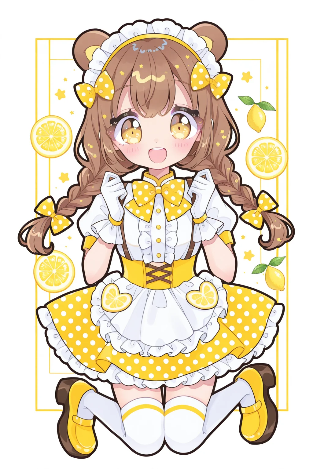<lora:Tasuki6918:1>, Tasuki6918, 1girl, braid, bow, polka dot bow, lemon, smile, open mouth, polka dot, twin braids, gloves, fruit, hair bow, skirt, white gloves, yellow bow, thighhighs, food, solo, long hair, animal ears, frills, drinking straw, :d, looking at viewer, lemon slice, polka dot skirt, white thighhighs, striped, bowtie, jumping