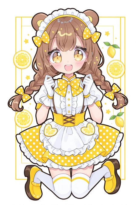 <lora:Tasuki6918:1>, Tasuki6918, 1girl, braid, bow, polka dot bow, lemon, smile, open mouth, polka dot, twin braids, gloves, fruit, hair bow, skirt, white gloves, yellow bow, thighhighs, food, solo, long hair, animal ears, frills, drinking straw, :d, looking at viewer, lemon slice, polka dot skirt, white thighhighs, striped, bowtie, jumping