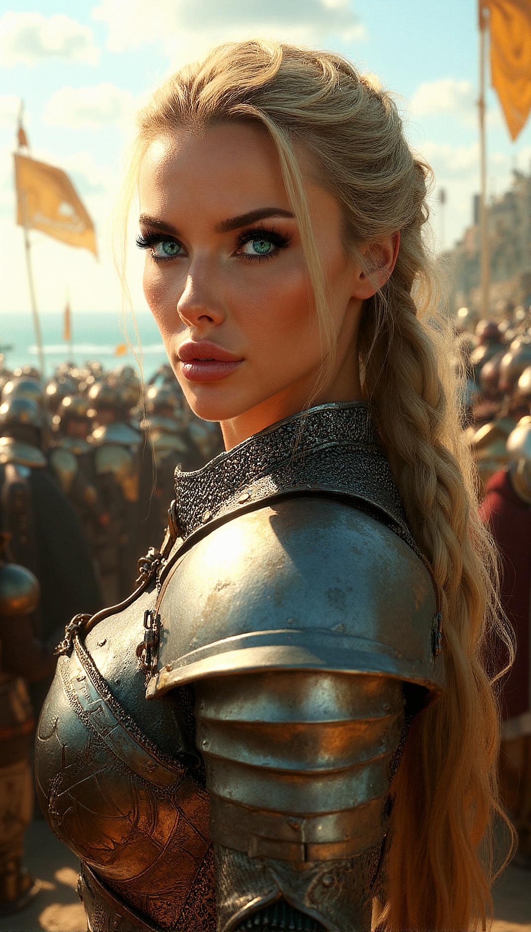 A stunning female knight in close-up,  bmbpflx golden blonde hair in a long braid, in a knight outfit. Aqua eyes reflect the shimmering Golden City around her. Soldiers march in the background, flags waving high. HDR, photorealistic, capturing her in the middle of a crowd. Correct body anatomy, perfect fingers.

Standing atop a cliff, her sword planted firmly in the ground, gazing out at the sea.


















