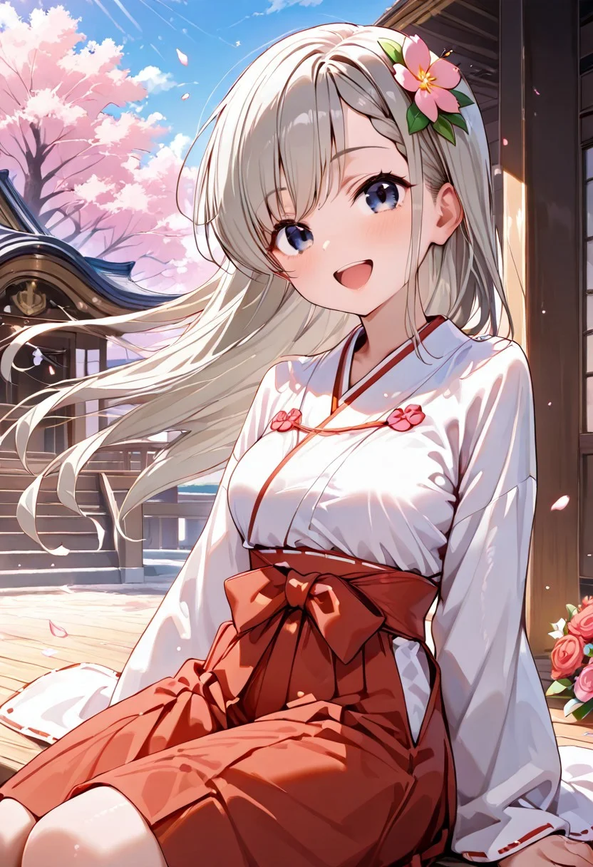 score_9, score_8_up, score_7_up, intricate detail, (masterpiece:1.2), (best quality:1.2), (very aesthetic:1.2), detailed background, ultra detailed, beautiful detailed, best quality, 4K, finely detailed, 
BREAK 
(dynamic angle, seductive pose), sitting, looking up
BREAK
(spring, cherry blossom, sunlight, outside, floating petals on wind, wind, floating hair:1.2, blue sky), park,
BREAK 
((shrine maiden clothes, miko)), (flower hair ornament), (bouquet) 
BREAK 
happy smile, cute smile, seductive smile, open mouth
BREAK 
1 girl, (((hisakawa hayate:1.2))), middle breasts, (cute face), (cute girl), ((pretty girl)), Perfect Face, (round face), ((good figure)), ((petite:1.4)), ((young:1.2)). (realistic skin), (highly detailed skin), white skin, 
BREAK 
((slit pupils)), (catchlight eyes), ringed eyes, big eyes, cool eyes, intricate details, ultra-detailed face, detailed eyes, [pastel color inner hair], 
BREAK 
Expressive eyes, (gradient eyes), 
BREAK 
looking at viewer, shiny skin,