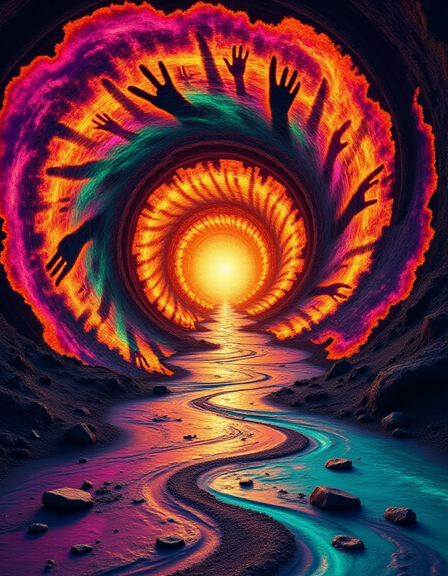 A surreal vortex stretches infinitely into the horizon, where every swirl and curve of the burned spiral is layered with vibrant, otherworldly textures. The edges of the spiral glow with radiant, shifting hues of magenta, lime, and turquoise, while its core seems to suck in light, creating a void-like center. Shapes like eyes, hands, and other surreal symbols appear momentarily in the swirling burned patch, only to melt back into the churning psychedelic chaos. Surrounding the spiral, the ground ripples like liquid fire, reflecting the otherworldly hues in endless motion.
<lora:ral-brndptch_000002000:1>