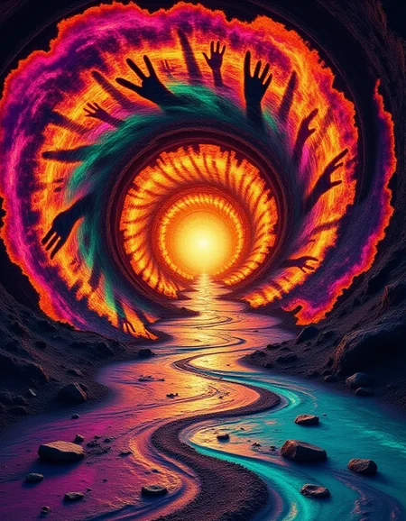 A surreal vortex stretches infinitely into the horizon, where every swirl and curve of the burned spiral is layered with vibrant, otherworldly textures. The edges of the spiral glow with radiant, shifting hues of magenta, lime, and turquoise, while its core seems to suck in light, creating a void-like center. Shapes like eyes, hands, and other surreal symbols appear momentarily in the swirling burned patch, only to melt back into the churning psychedelic chaos. Surrounding the spiral, the ground ripples like liquid fire, reflecting the otherworldly hues in endless motion.
<lora:ral-brndptch_000002000:1>