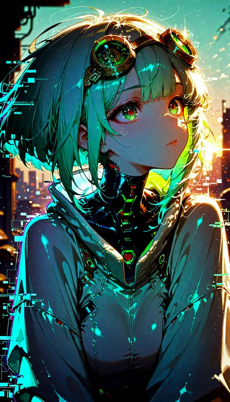 1girl, upper body, round goggles, mechanical eye, sunset, hazy, glitch, green shadow, blurry background, cyberpunk, masterpiece, best quality, amazing quality, very aesthetic, absurdres, newest,