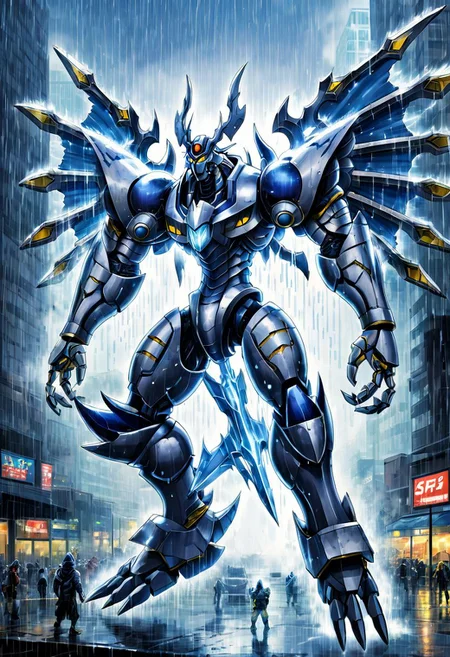 score_9, score_8_up, score_7_up, score_6_up, score_5_up, score_4_up,rating safe,source_anime,a mecha dorugoramon with energy wings holding an energy lance in a city with a deluge of rain falling from the sky,epic,apocalyptic,biomechanical,giant robot