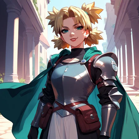zPDXL3, score_9_up, score_8_up, score_7_up, (Anime_source), 1girl, standing, looking at viewer, smiling, tmri, blonde hair, short hair, teal eyes, lipstick, leather armor, green cape, shoulder armor